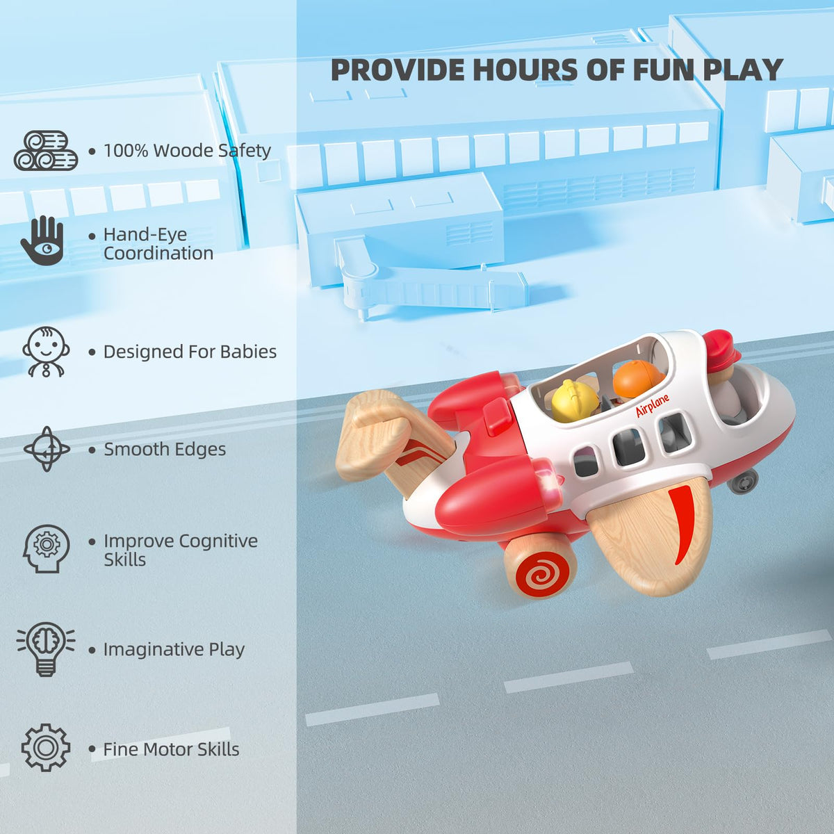 Wanborns airplane toy features vibrant colors to capture attention and spark creativity