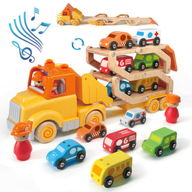 Wanborns transport trailer with wooden vehicles for imaginative play and early exploration.