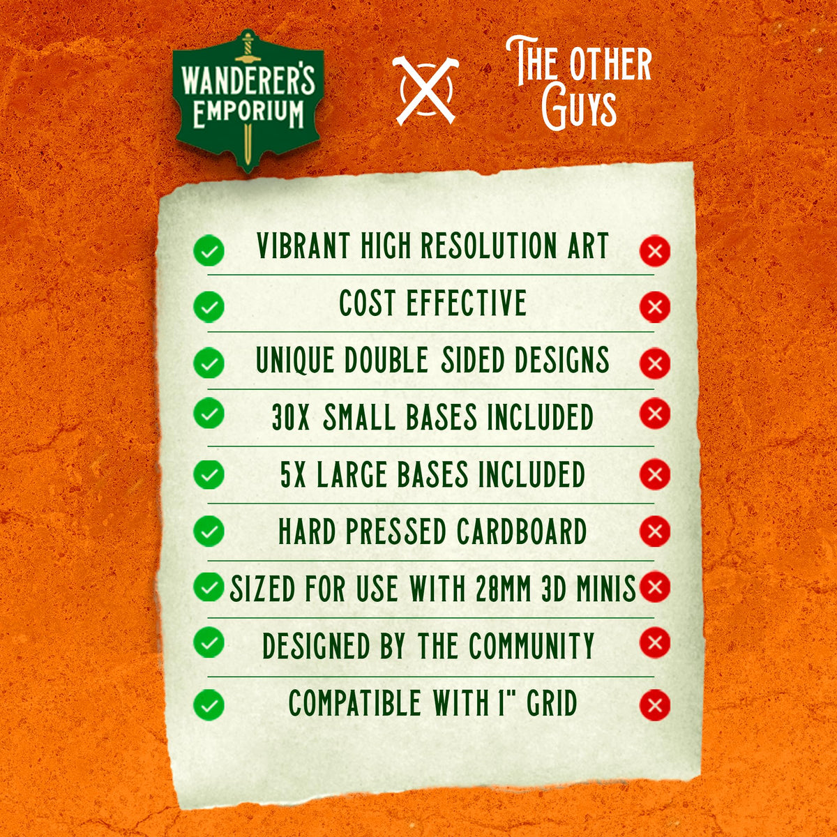 Wanderers Emporium flat-foldable minis easy to stack after sessions.