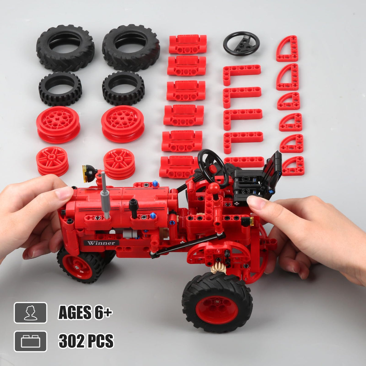 WanJJXW Classic 1/12 Red Tractor cab close-up highlights modular parts for guided assembly.