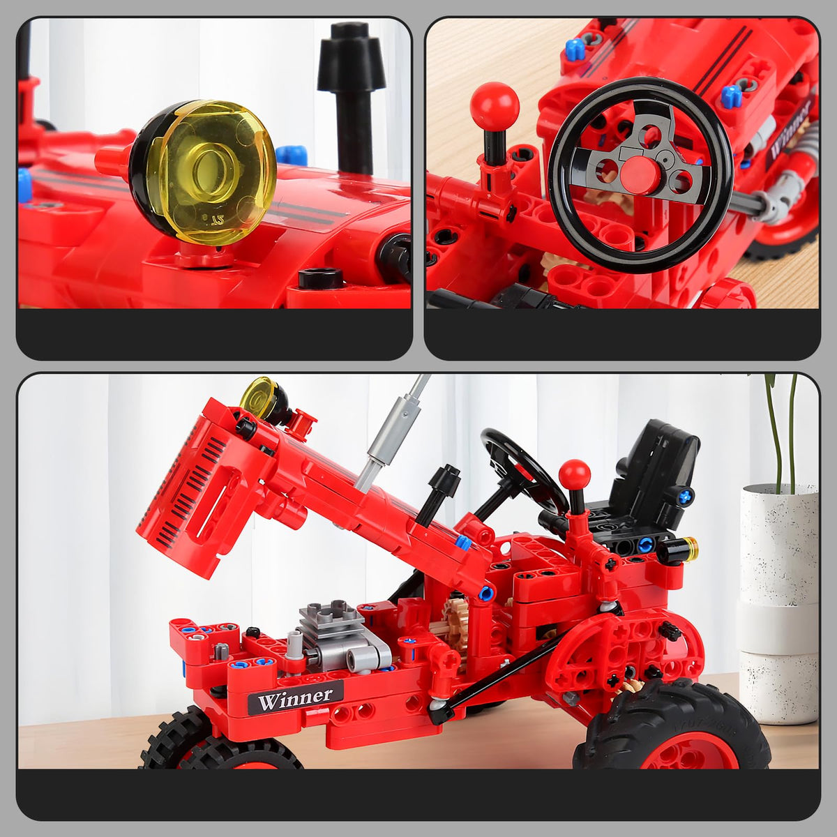 WanJJXW Classic 1/12 Red Tractor side view supports classroom-style STEM demos.