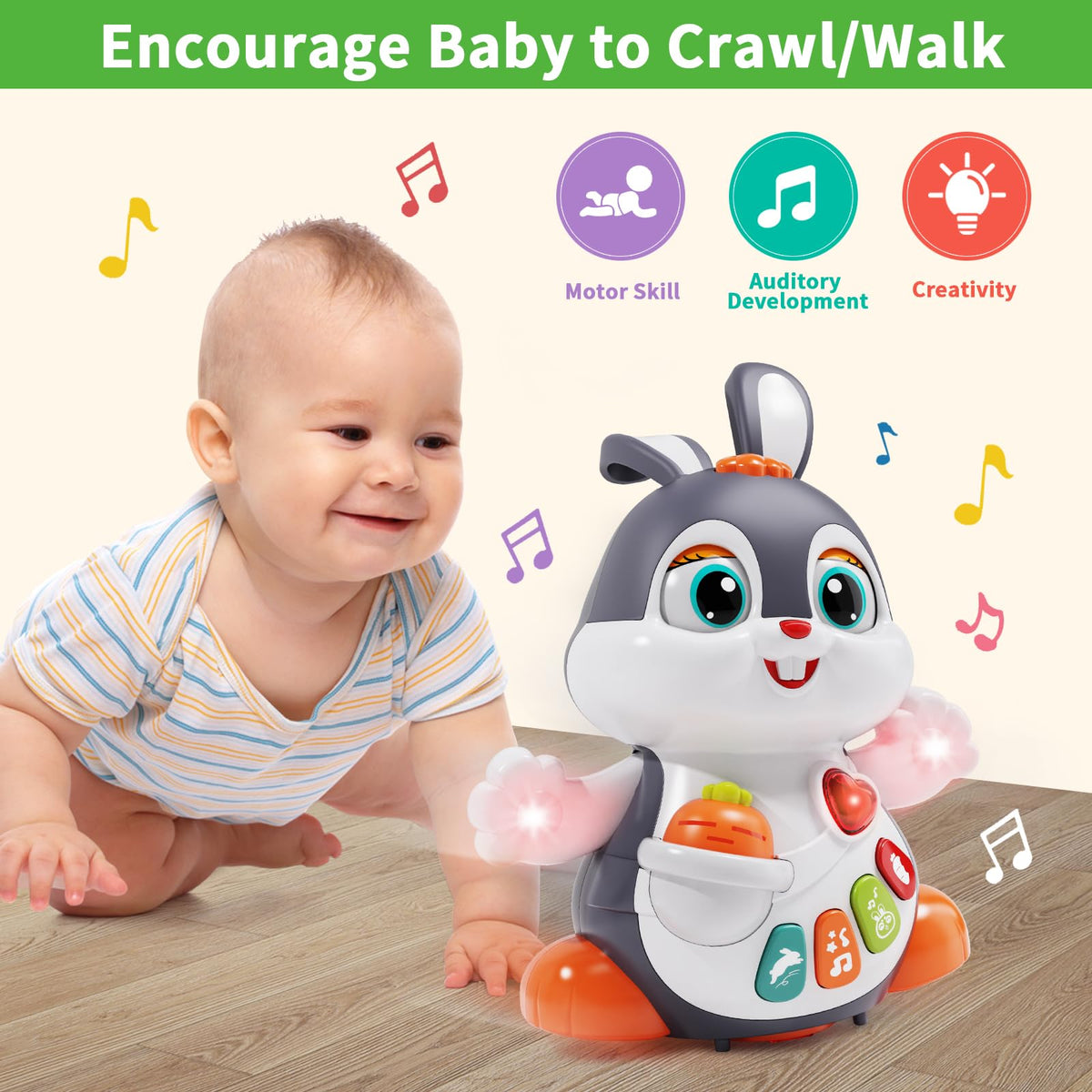 Wanonoo bunny toy crawling movement encourages baby exploration