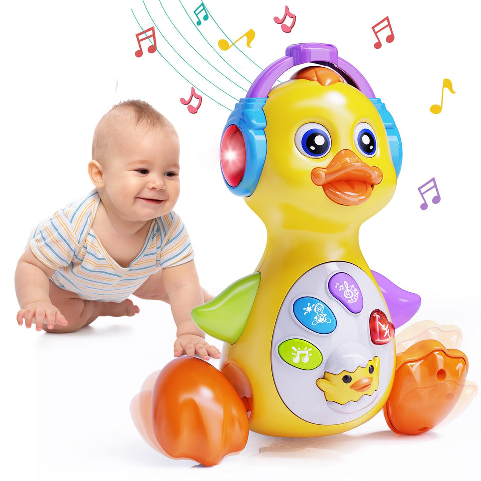 Wanonoo Dancing Duck toy with crawling light engages babies during tummy time.