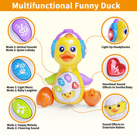 Wanonoo Duck toy features colorful buttons for finger dexterity practice.