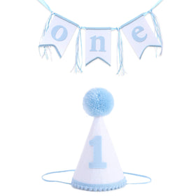WAOUH boys 1st birthday hat with blue-white pom poms, ideal for cake smash photos