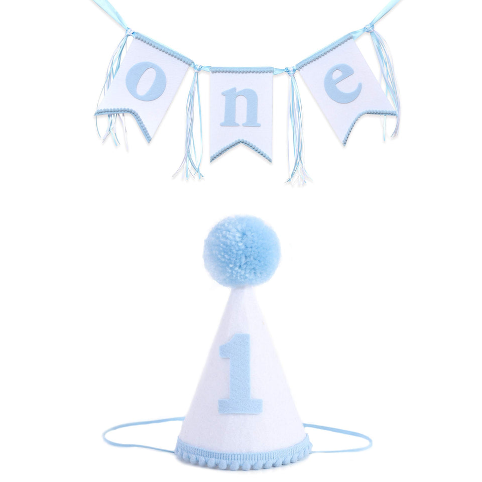 WAOUH boys 1st birthday hat with blue-white pom poms, ideal for cake smash photos