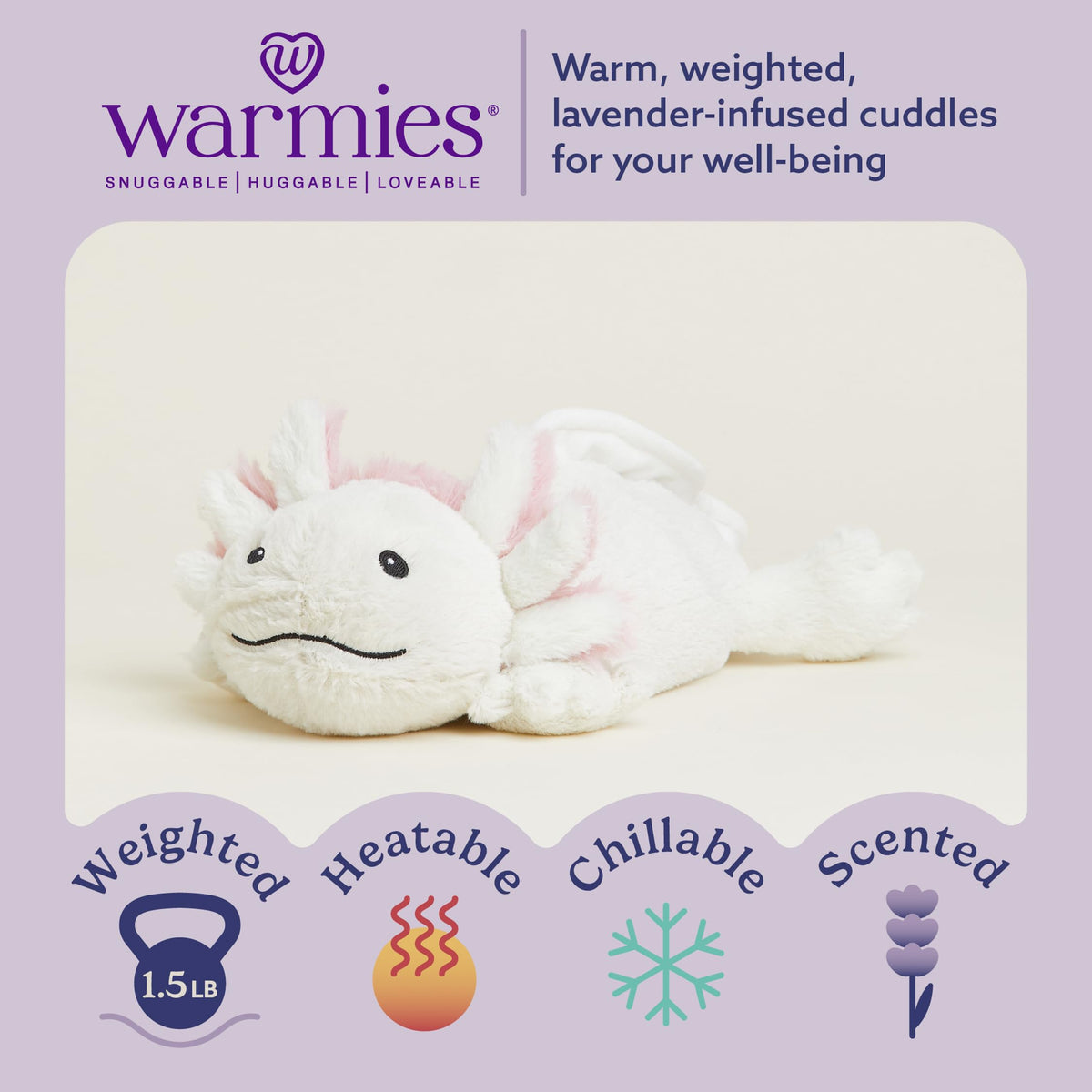 Warmies Axolotl heated plush with simple heater guide for safe, lasting comfort