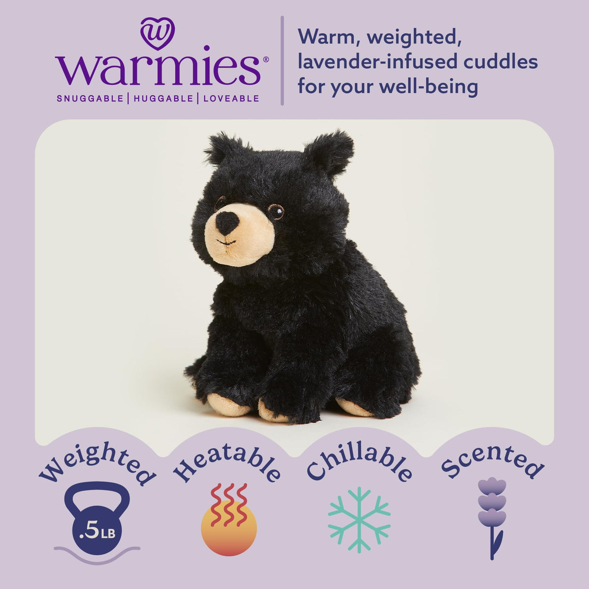 Warmies black bear soft plush designed for cozy hugs and gentle heat.