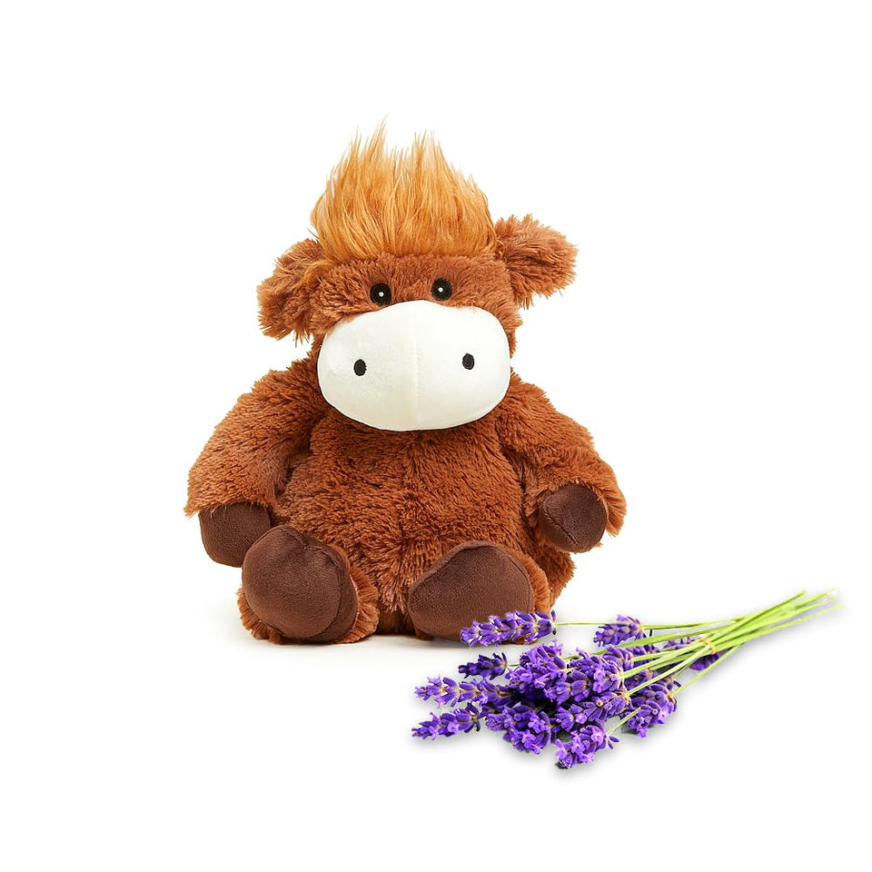 Warmies Brown Cow microwavable plush for soothing warmth and cozy cuddles.