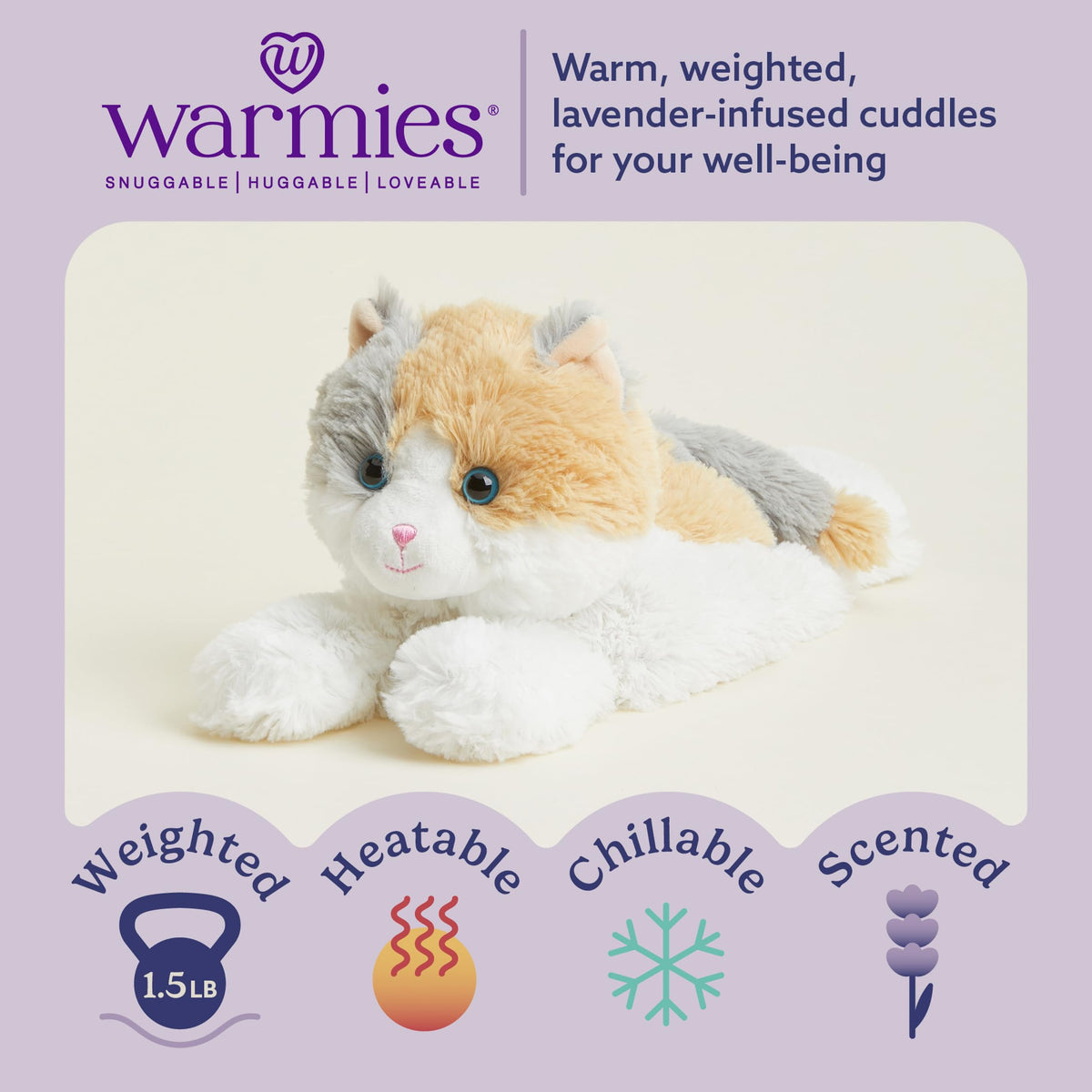 Warmies Calico Cat snuggle close-up highlights weighted plush comfort for all ages.