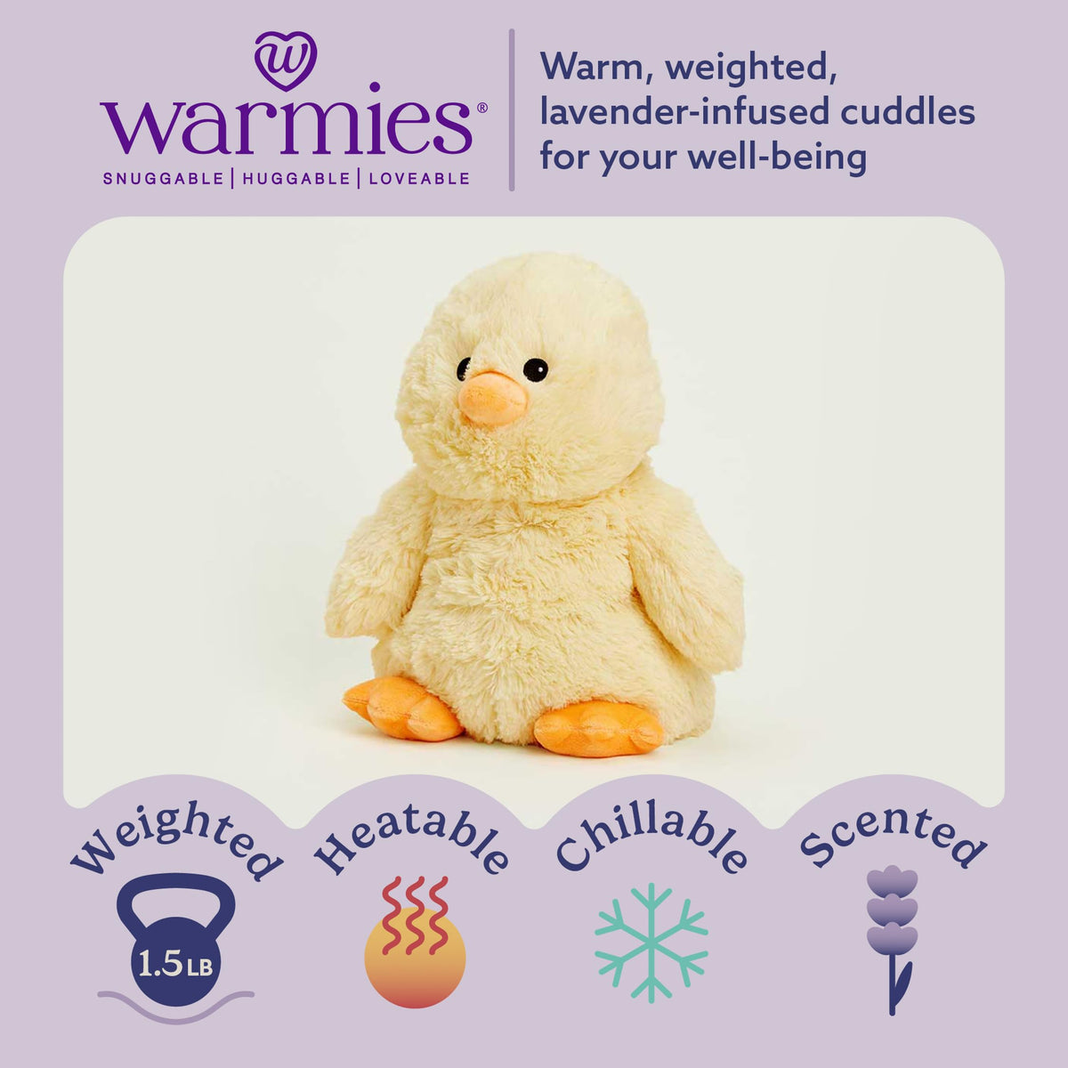 Warmies Chick cooling-relief plush ideal for hot days and post-activity comfort.