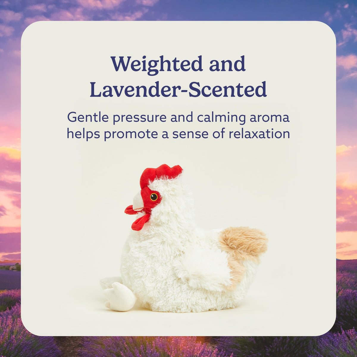 Warmies chicken plush cooling scene, helps refresh on hot days.