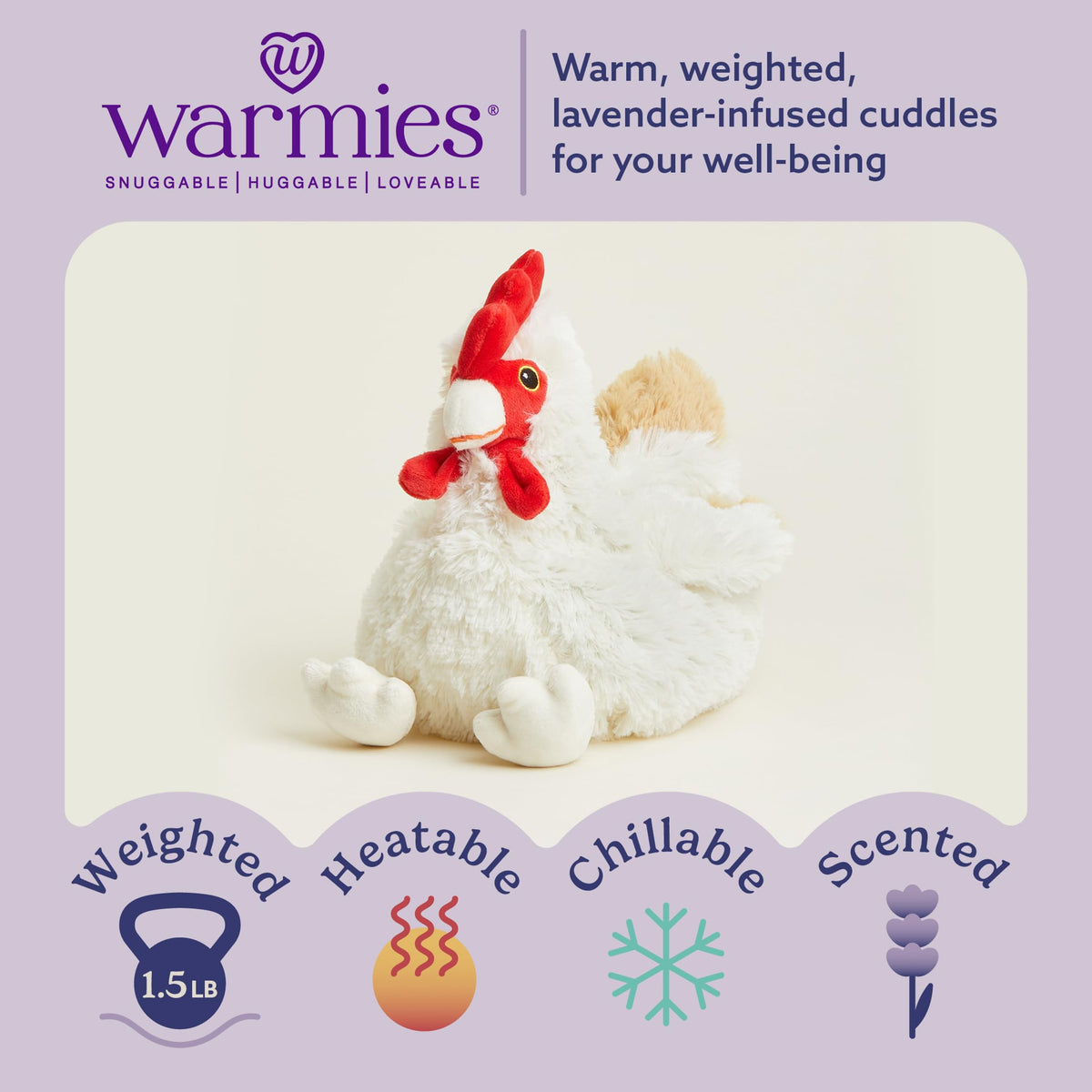 Warmies chicken plush microwave-heat image, delivers soothing warmth for relaxing evenings.