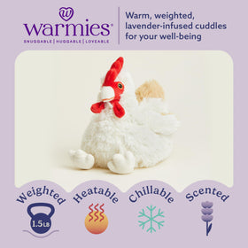 Warmies chicken plush microwave-heat image, delivers soothing warmth for relaxing evenings.