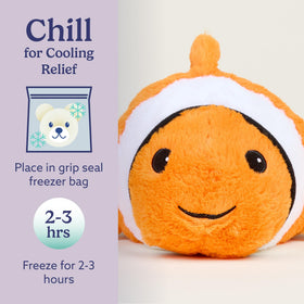 Warmies clown fish-cooling-relief demonstrates a 2-3 hour freezer cooling option.