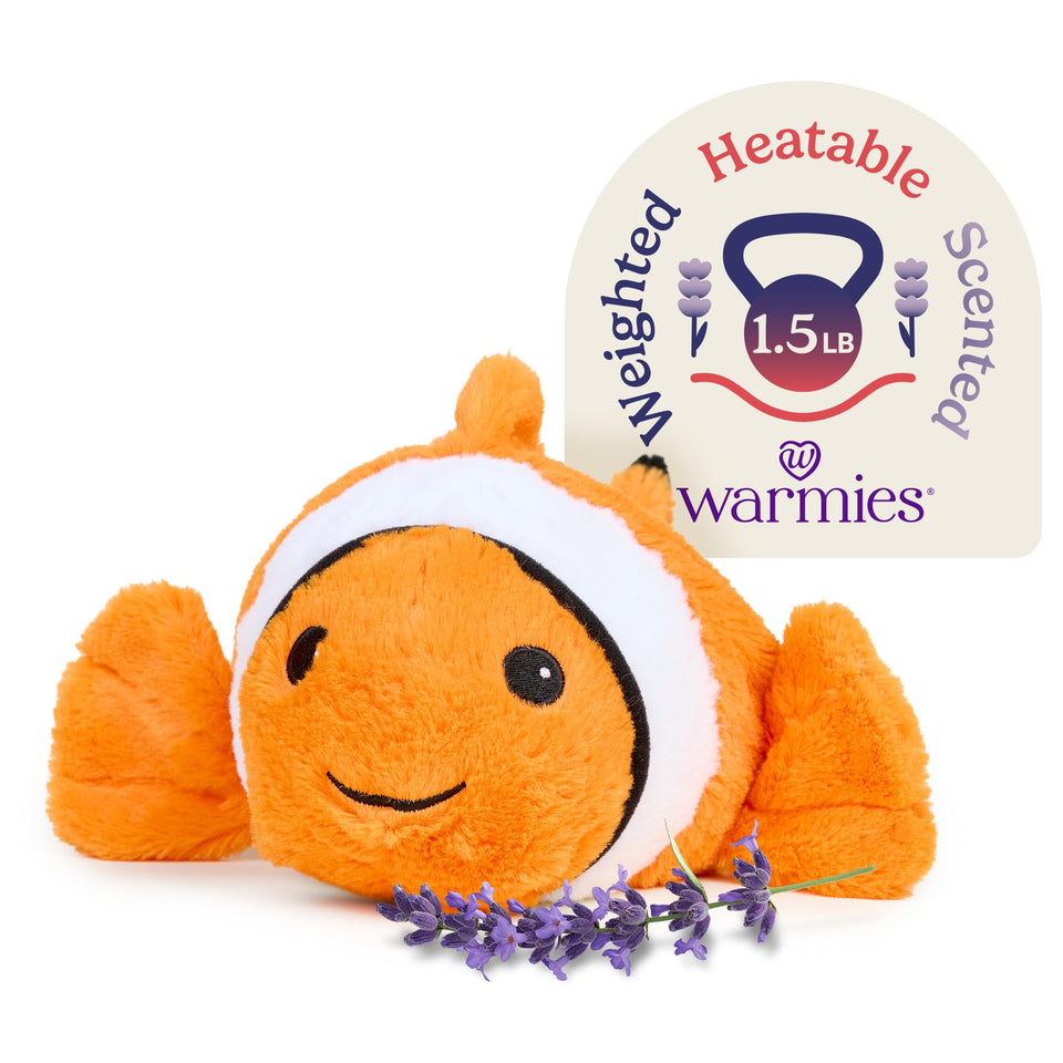 Warmies clown fish heat-setup illustrates microwavable warmth for comforting snuggles.