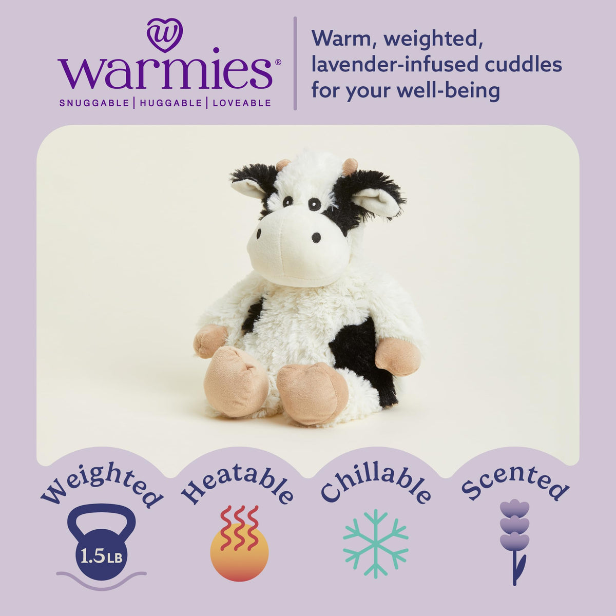 Warmies Cow weighted plush offers a comforting hug with gentle pressure.