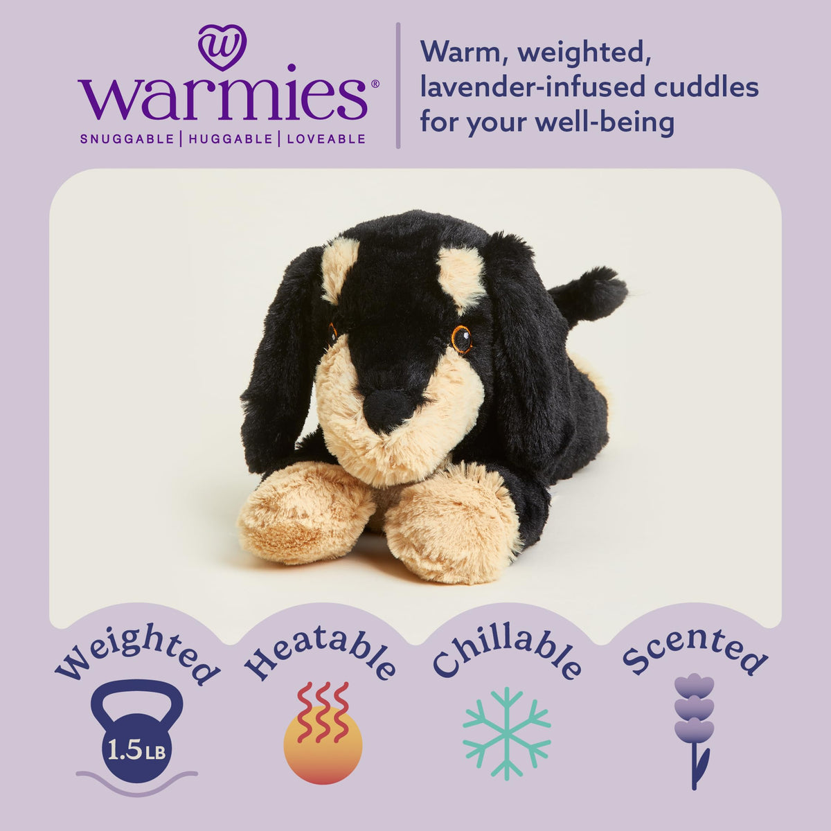 Warmies dachshund plush lavender-scented interior delivering calming aroma.