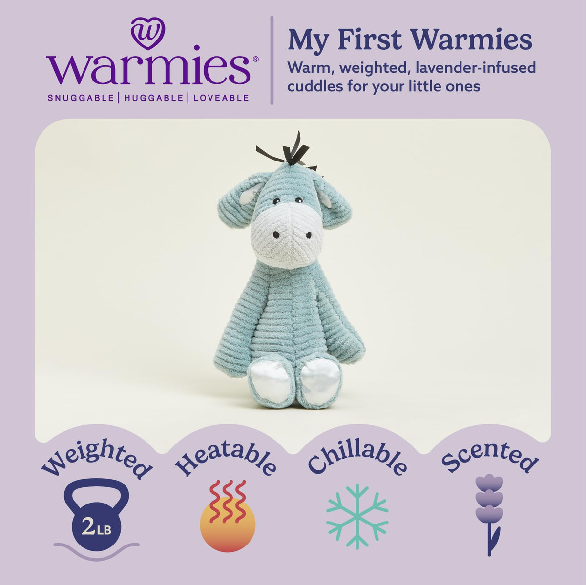 Close-up of Warmies Donkey soft fabric and satin trim for tactile comfort.