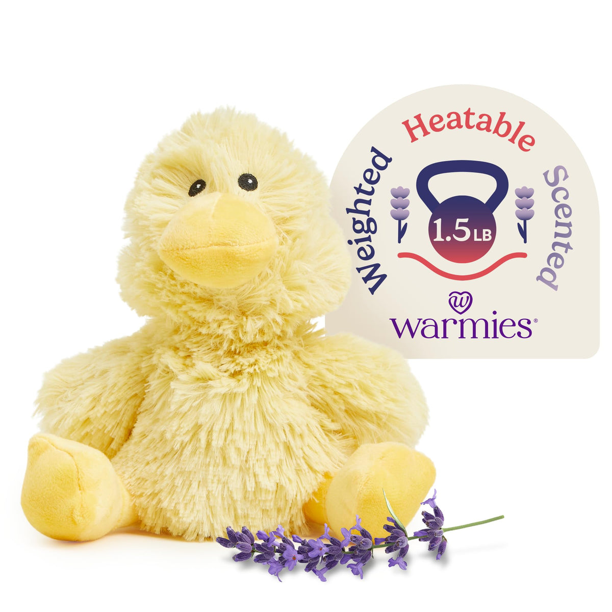 Warmies Duck microwavable plush provides soothing warmth for relaxation.