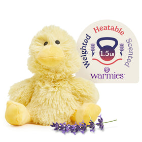Warmies Duck microwavable plush provides soothing warmth for relaxation.