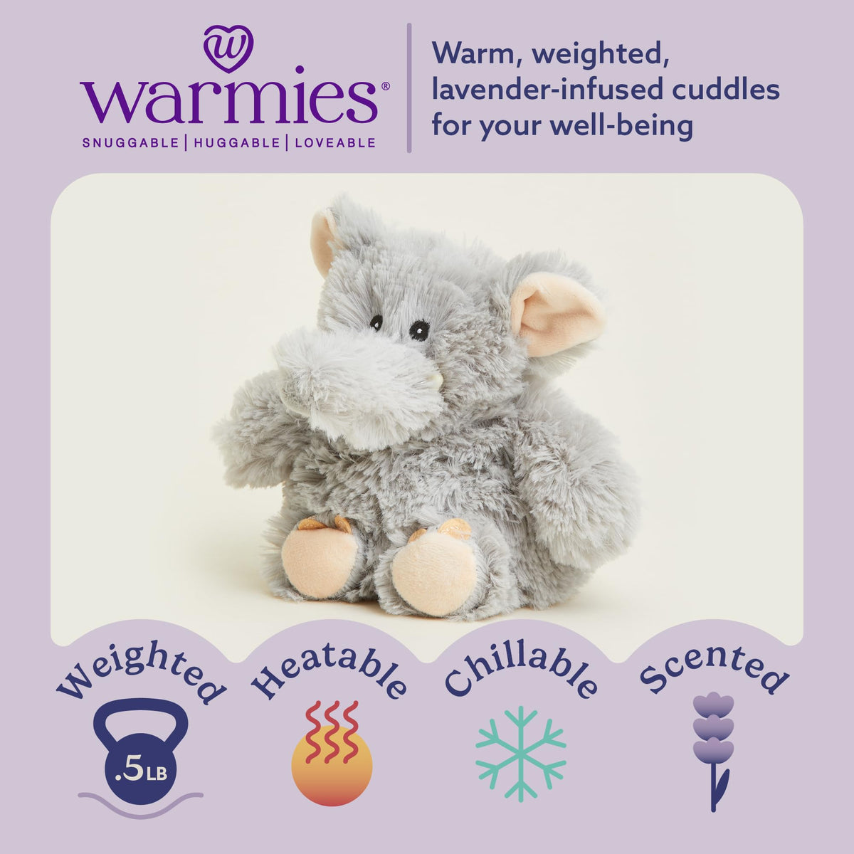 Warmies Elephant Junior in microwave heat mode delivers soothing warmth for relaxing moments.