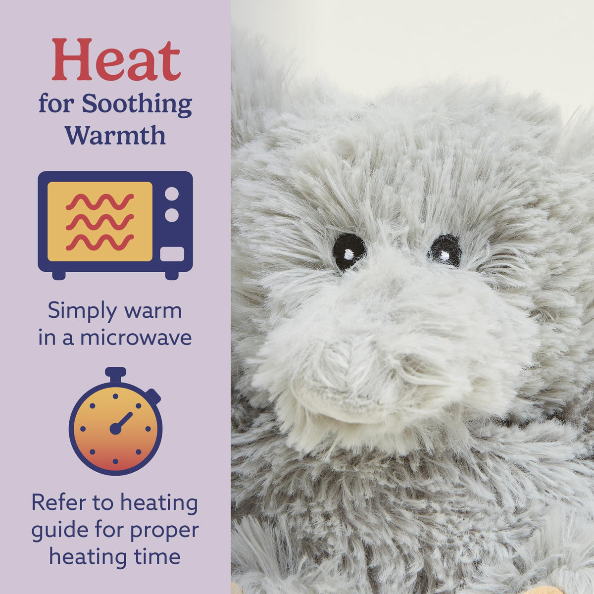 Warmies Elephant Junior shows its weighted plush design offering a comforting hug-like feel.
