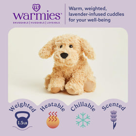 Warmies Golden Dog weighted plush delivers gentle hug-like comfort.