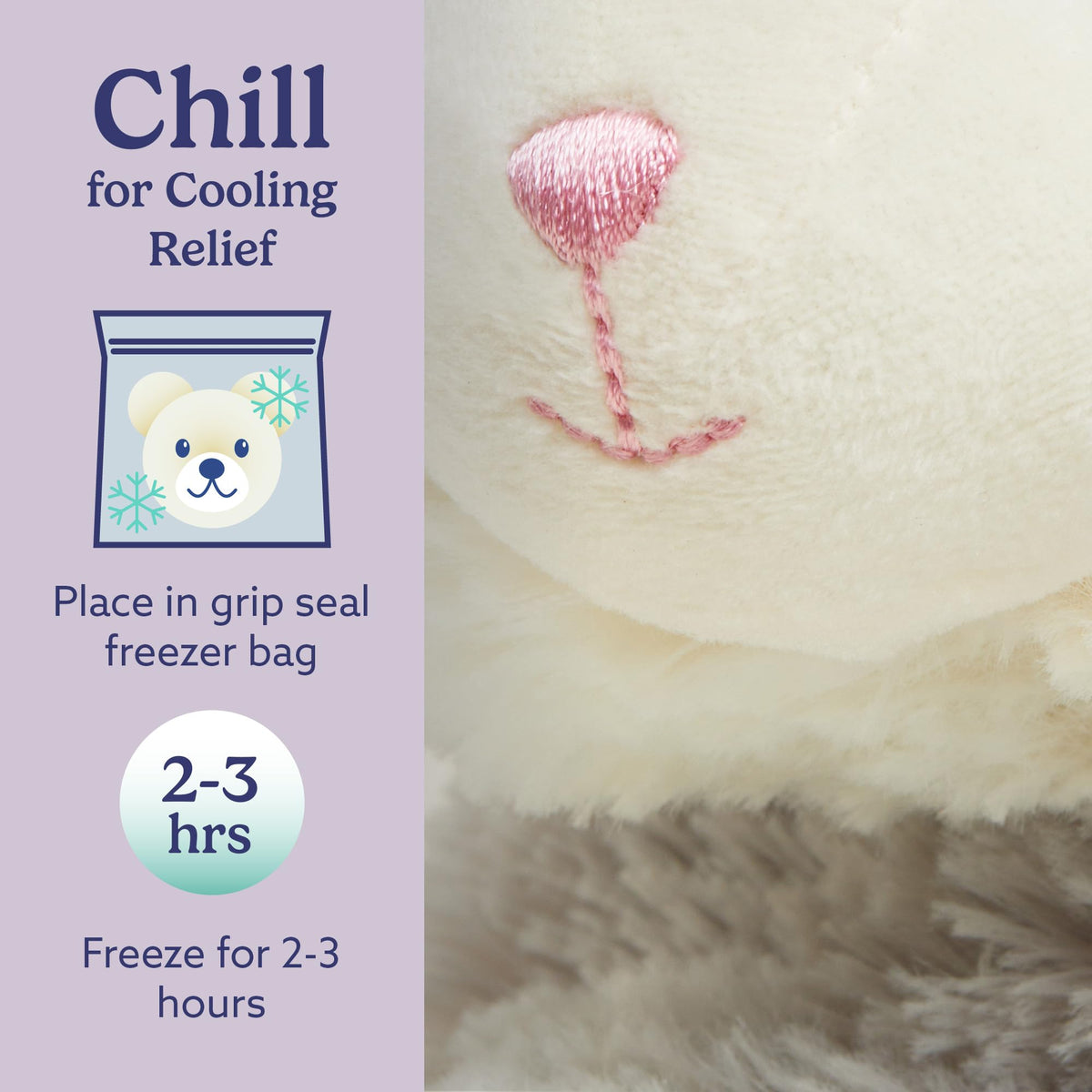 Warmies gray cat cooling-pack use demonstrates a versatile chill option for warm days or soothing relief
