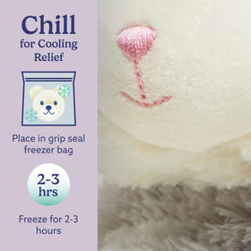 Warmies gray cat cooling-pack use demonstrates a versatile chill option for warm days or soothing relief