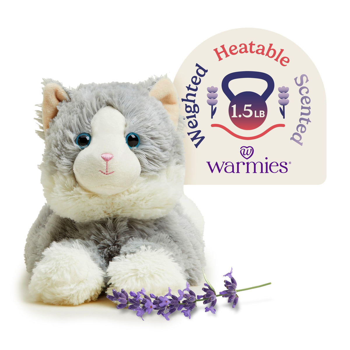 Warmies gray cat laid down front view, showcasing cozy weighted plush for soothing evenings