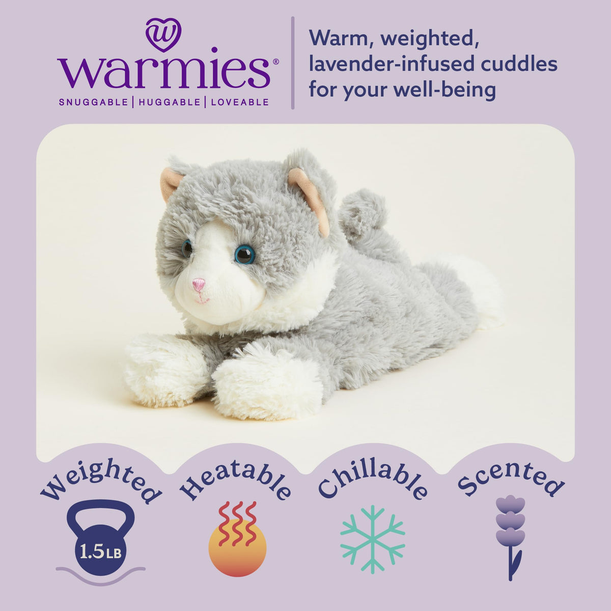Warmies gray cat microwavable heat action closeup highlighting comforting warmth for self-care moments
