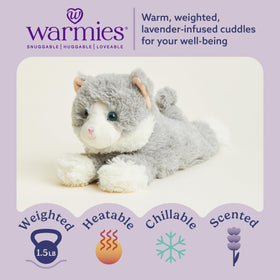 Warmies gray cat microwavable heat action closeup highlighting comforting warmth for self-care moments