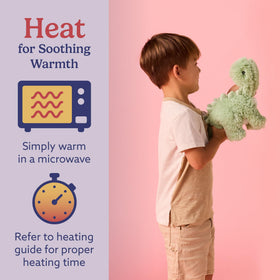 Warmies dinosaur chilled in freezer bag for refreshing cool relief.