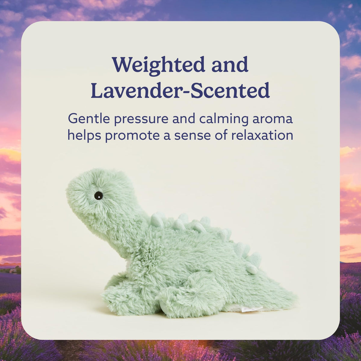 Warmies Green Long Neck Dinosaur being heated in microwave for soothing warmth.