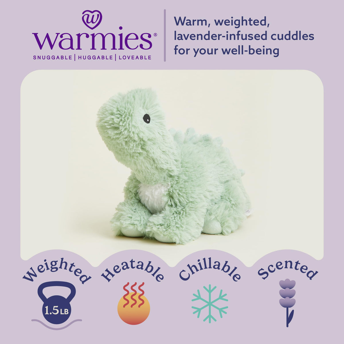 Warmies Green Long Neck Dinosaur weighted plush offering comforting hugs.