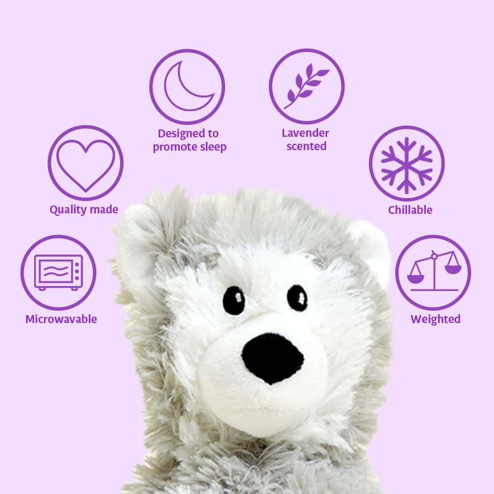 Warmies Husky plush being heated in microwave for soothing warmth.