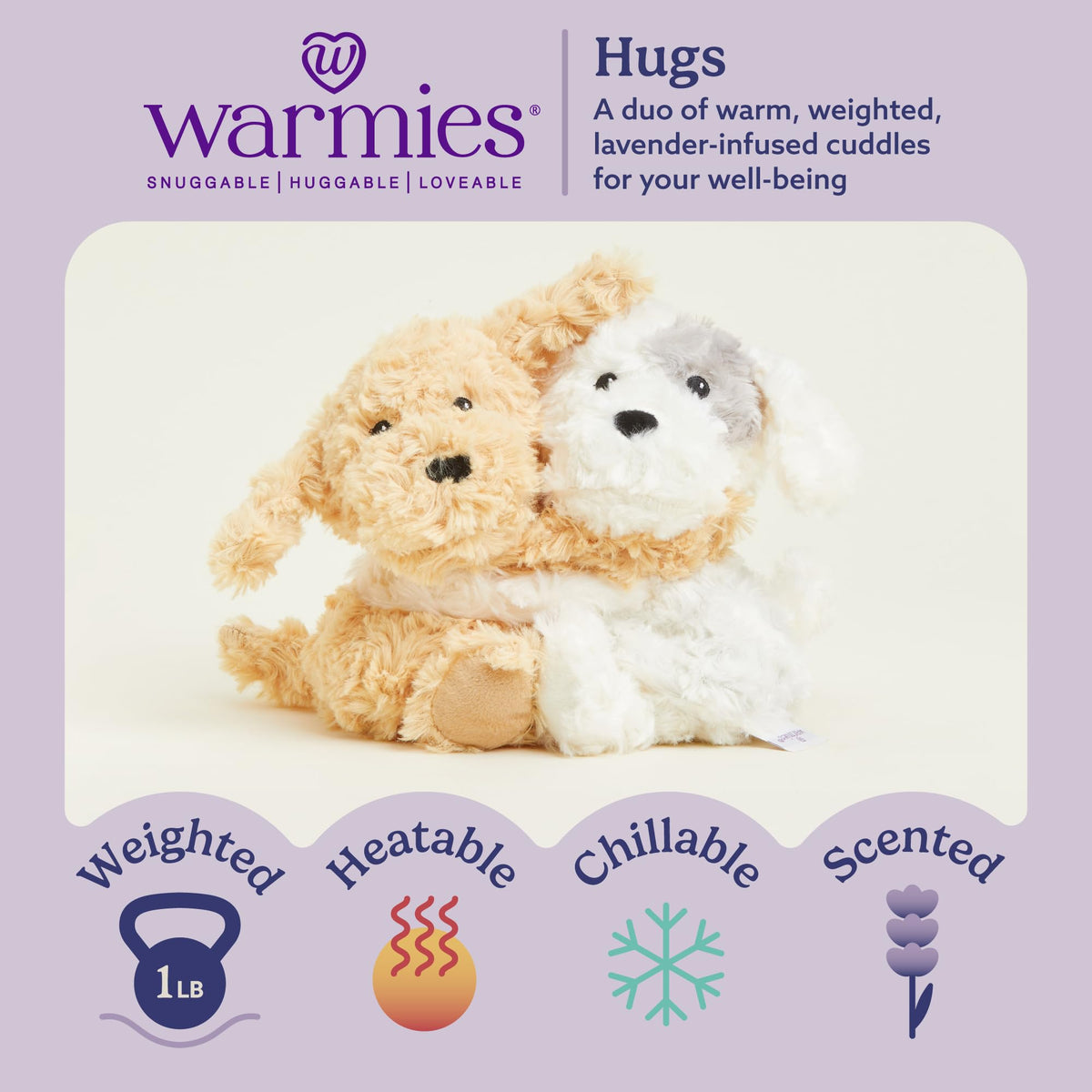 Warmies Hugs Duo Puppy weighted plush provides a gentle hug