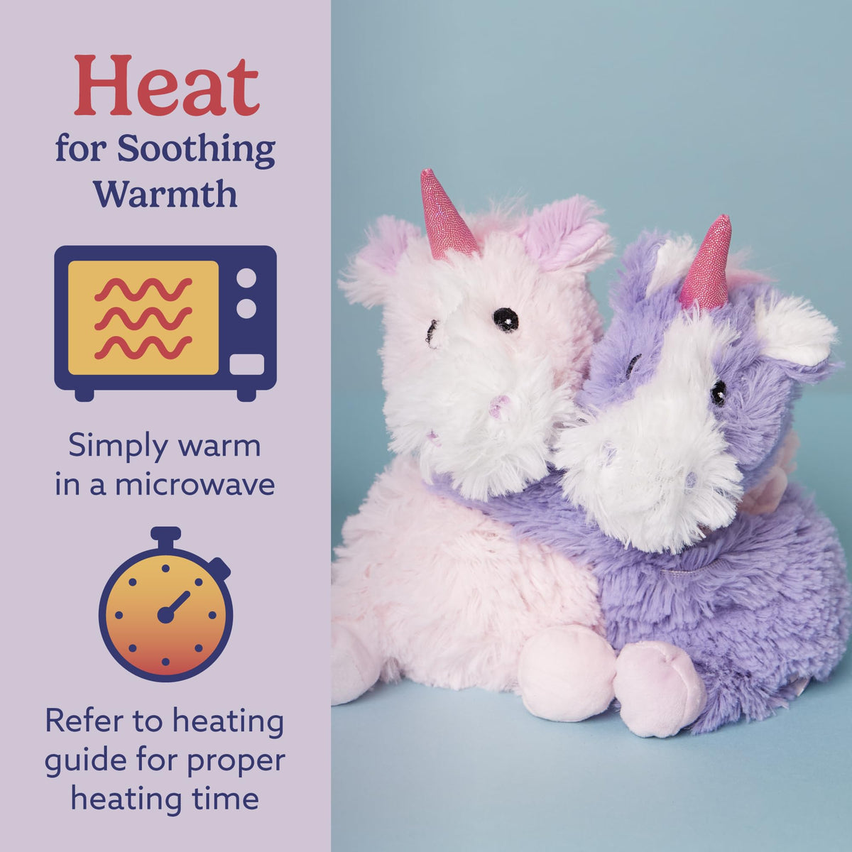 Warmies Hugs Duo Unicorn lavender scent creates calming ambience.