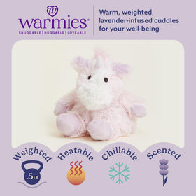 Warmies Junior Unicorn weighted plush delivers a gentle hug for bedtime relaxation.