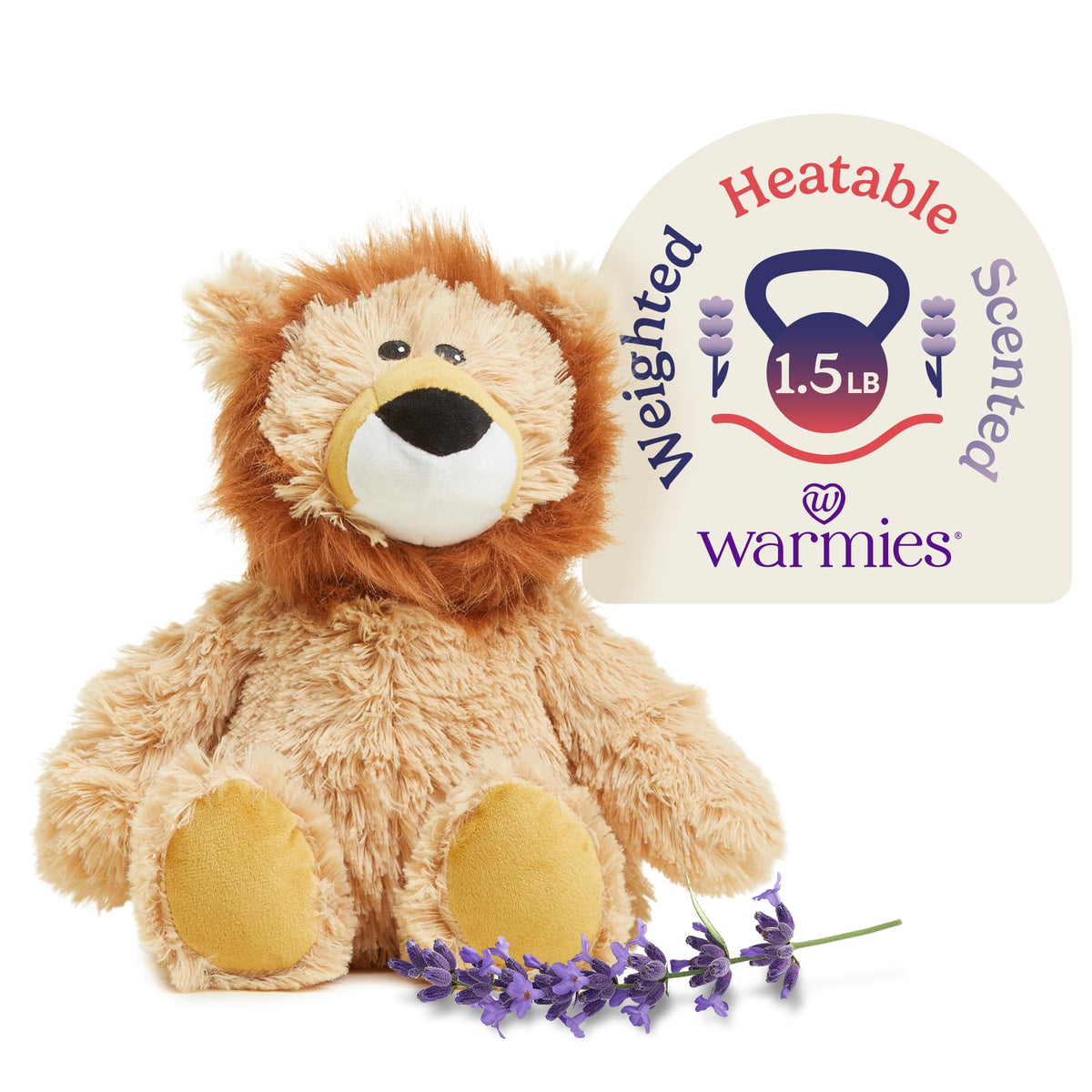 Warmies Lion plush ready for microwave warmth and calming lavender scent.