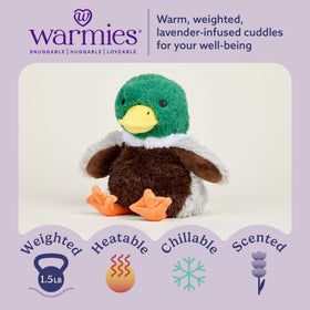 Warmies Mallard weighted plush provides gentle pressure for calm hugs.