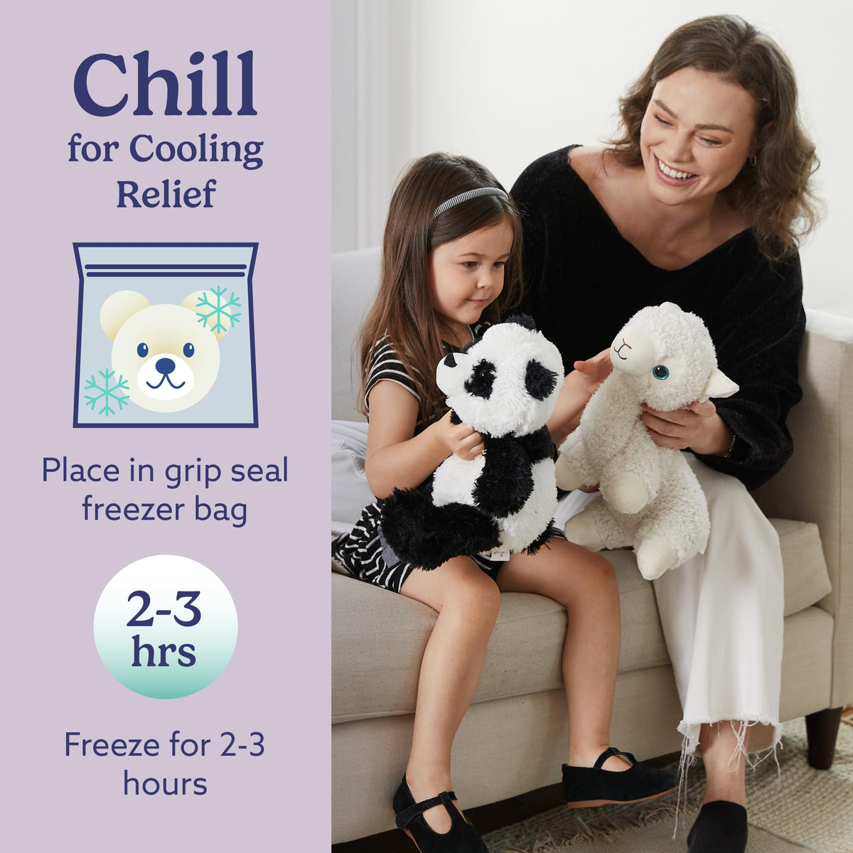 Warmies Panda can be frozen for cooling relief