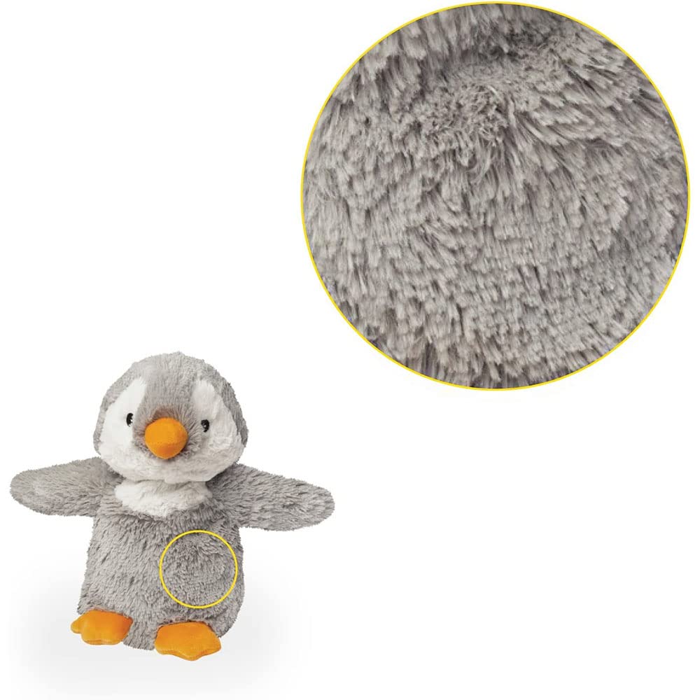 Warmies penguin soft plush with visible stitching for cuddles.