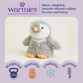 Warmies Penguin soft-weighted-plush with a child for calming, grounding comfort