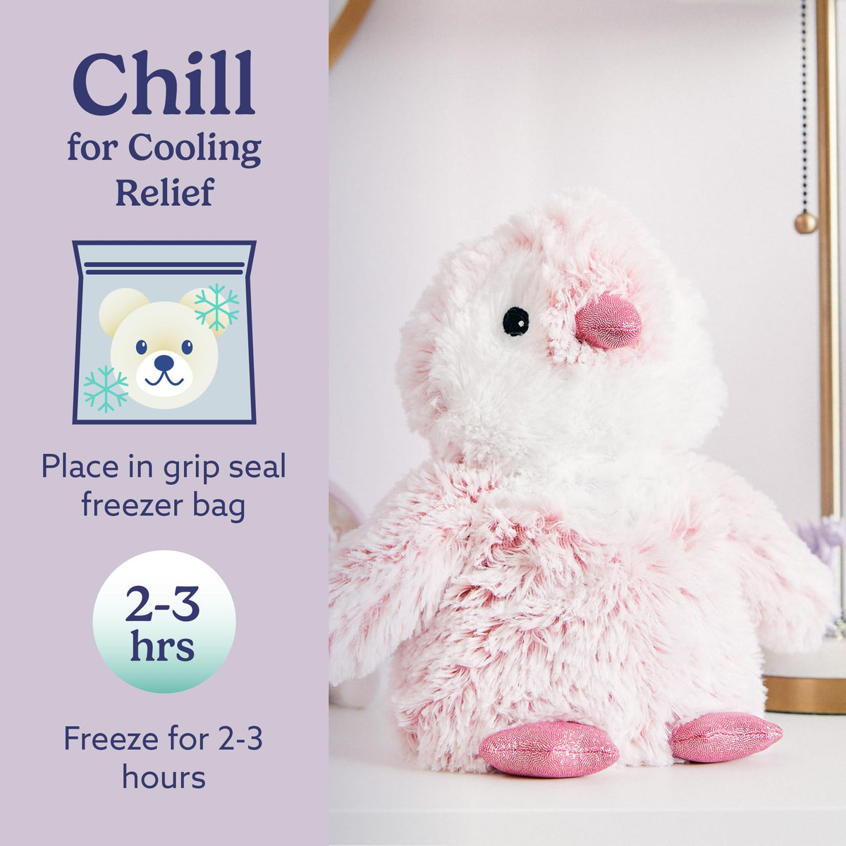 Warmies pink penguin lavender aroma adds calming scent for bedtime.