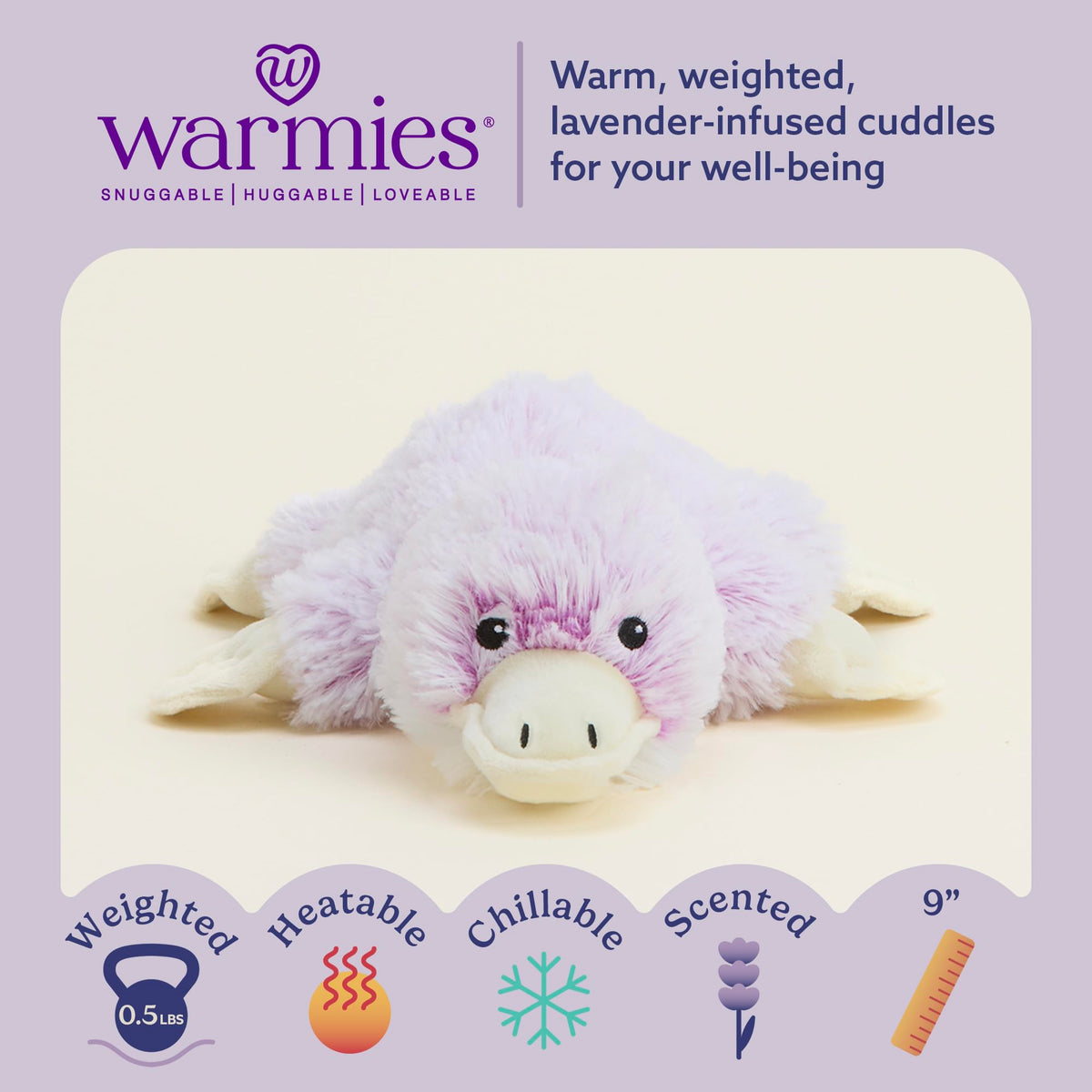 Warmies platypus plush shown heating for soothing warmth.