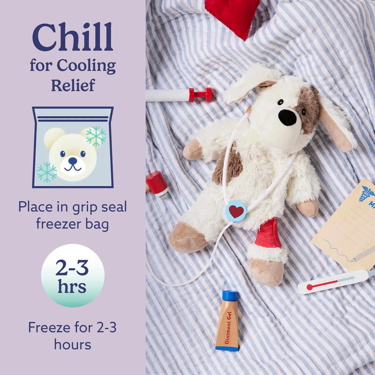 Warmies Puppy lavender aroma enhances bedtime calm and comfort.