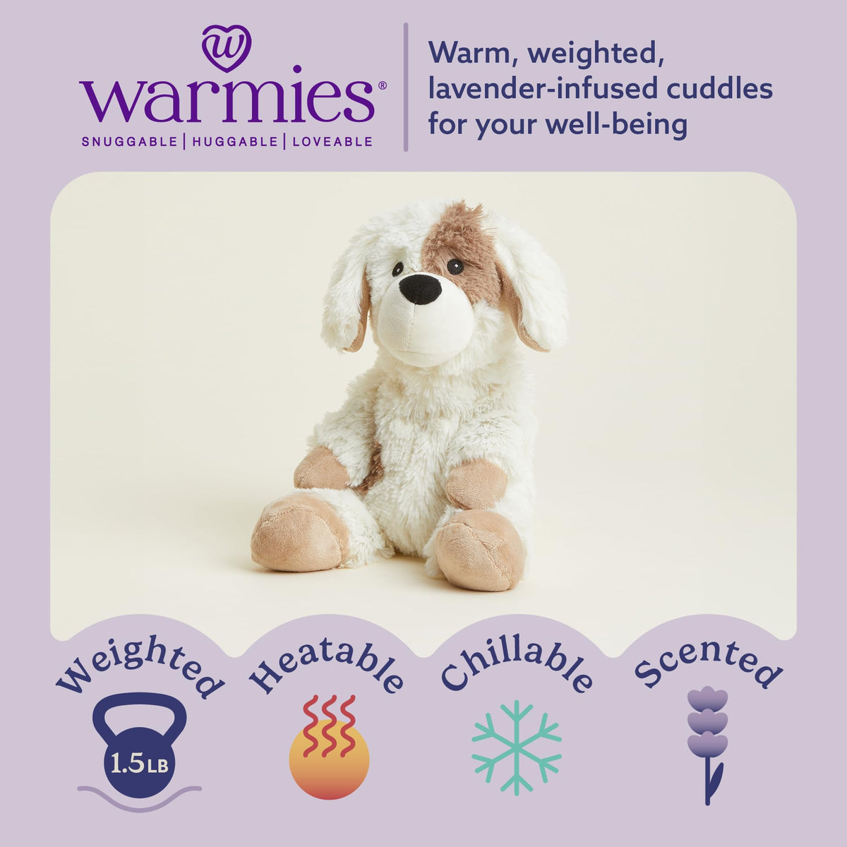 Warmies Puppy weighted plush provides cozy hugs during bedtime routines.