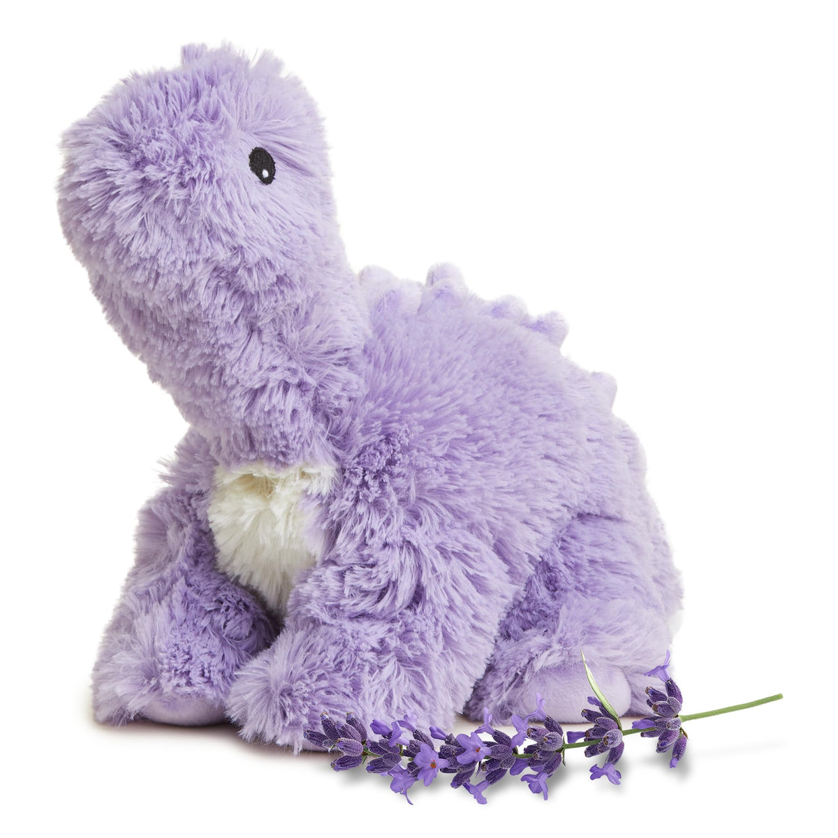 Warmies purple long-neck dinosaur heats in the microwave for comforting warmth.